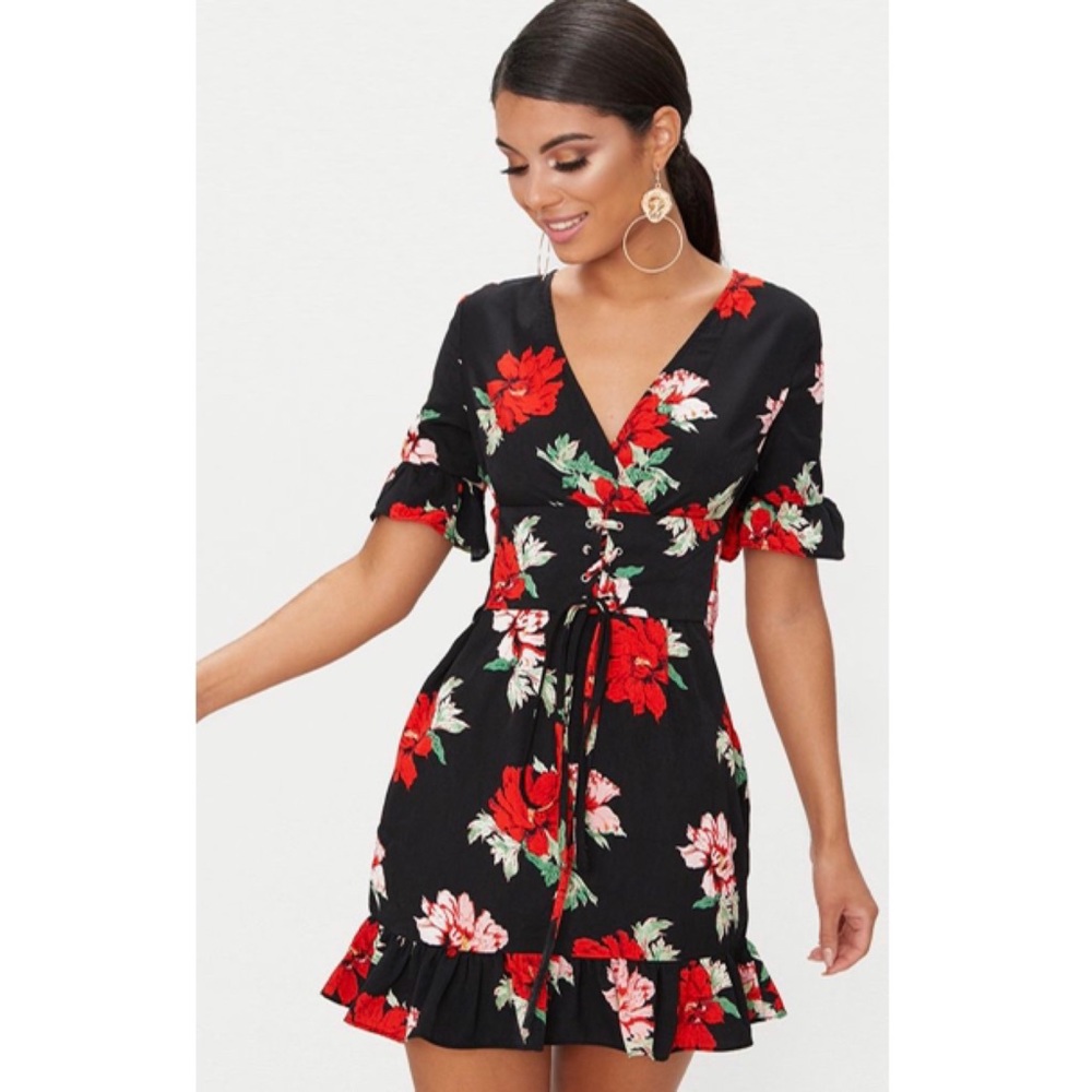 Black Corset Floral Swing Dress